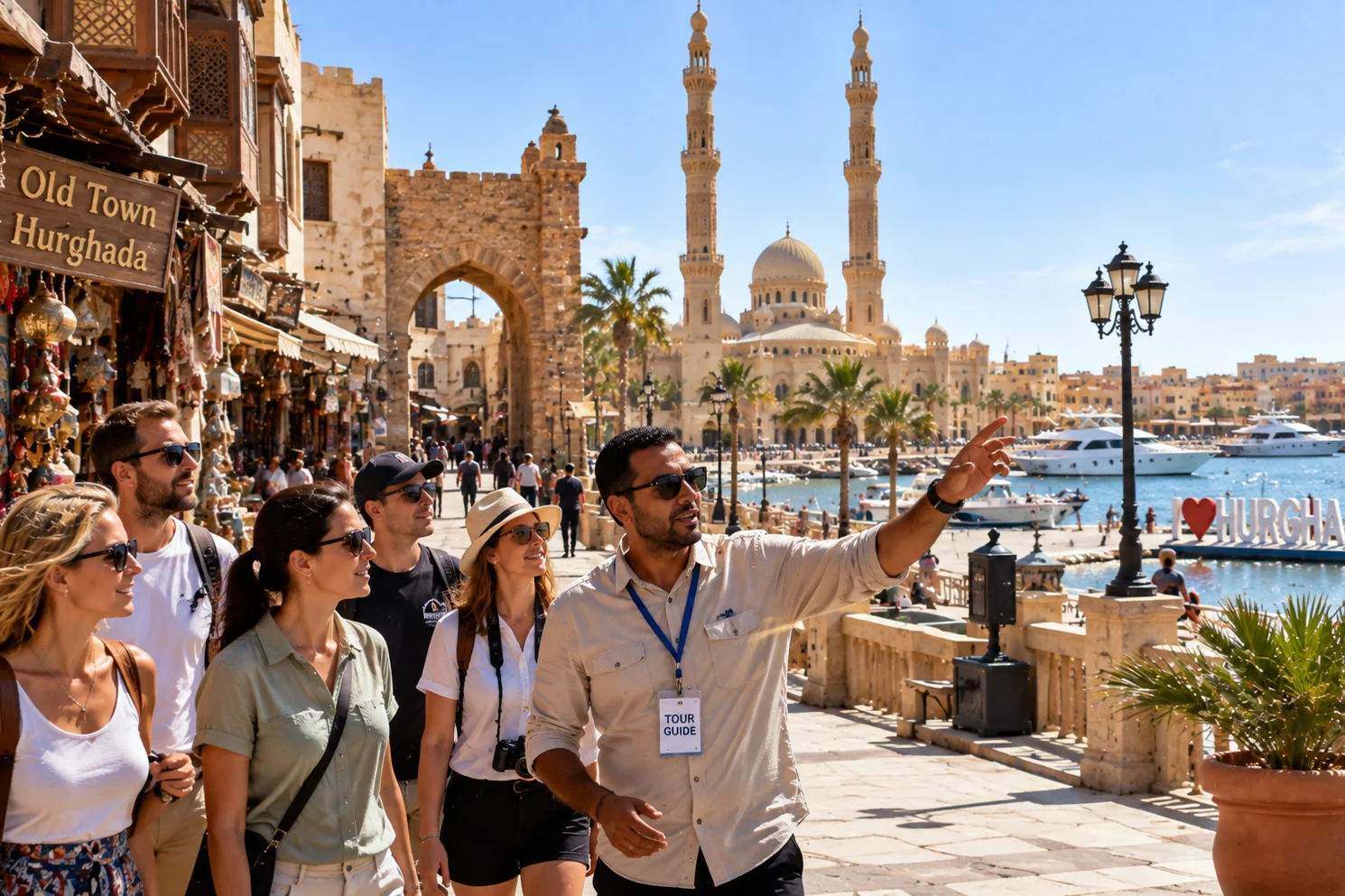 Reisegruppe schlendert an der Promenade der Marina Hurghada entlang bei Sonnenuntergang
