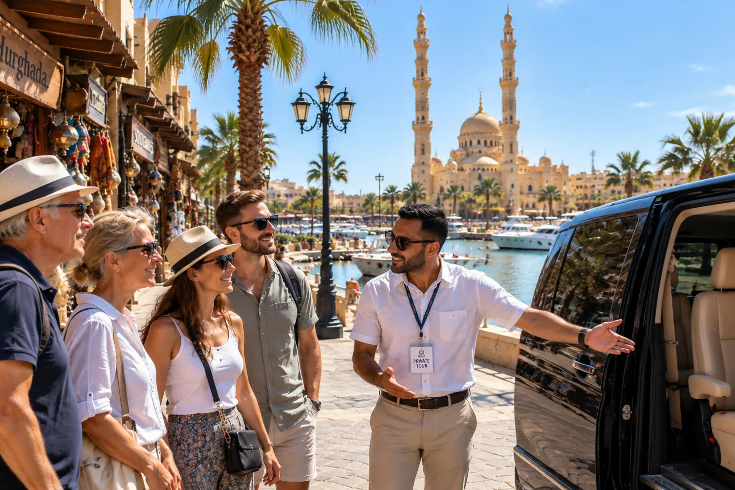 Private Reisegruppe spaziert durch die Straßen von Hurghada mit Blick auf eine Moschee