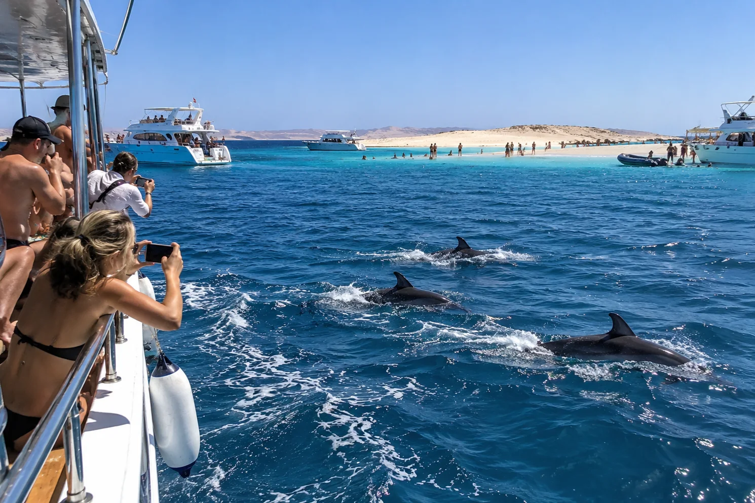 FREILY-TOURS-Ausflugsschiff vor einer Insel mit Schnorchlern im türkisfarbenen Roten Meer