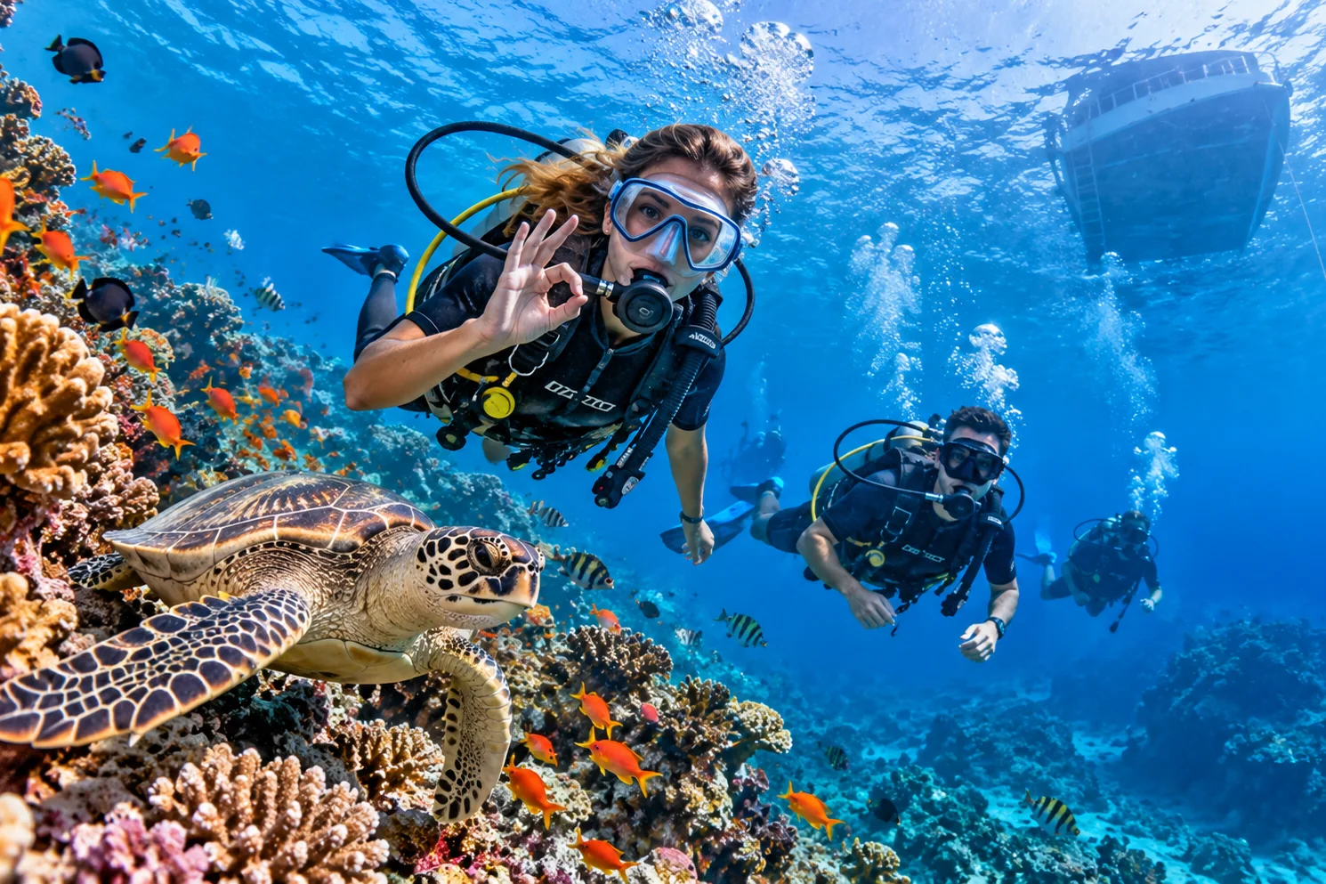 Taucher zwischen Korallen und Fischschwarm im Roten Meer
