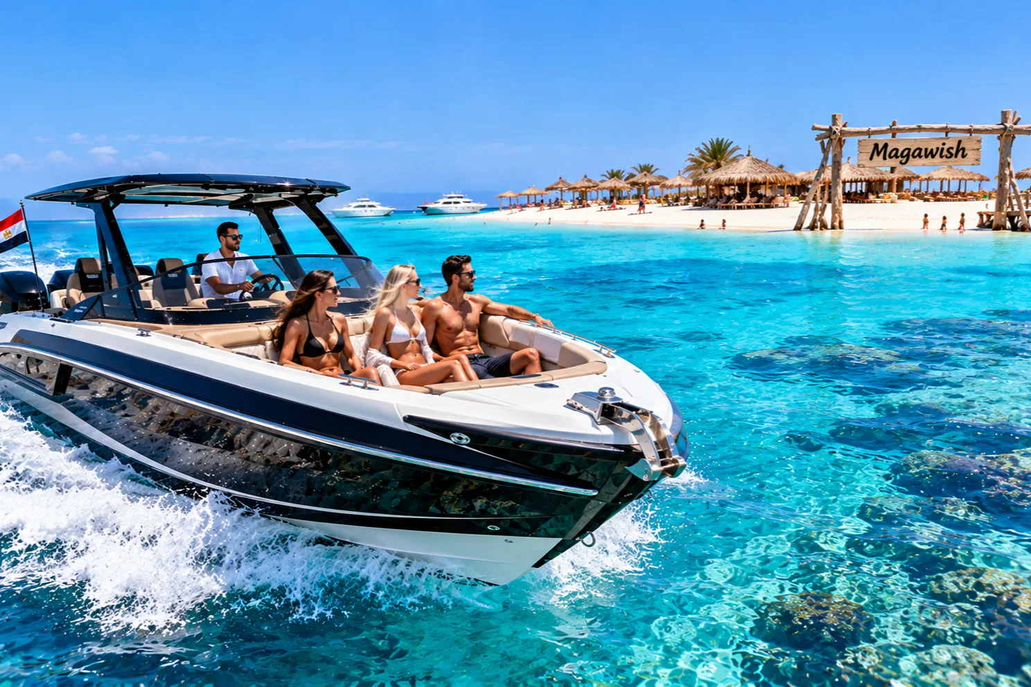 Weißes Speedboot ankert vor der Insel Magawish