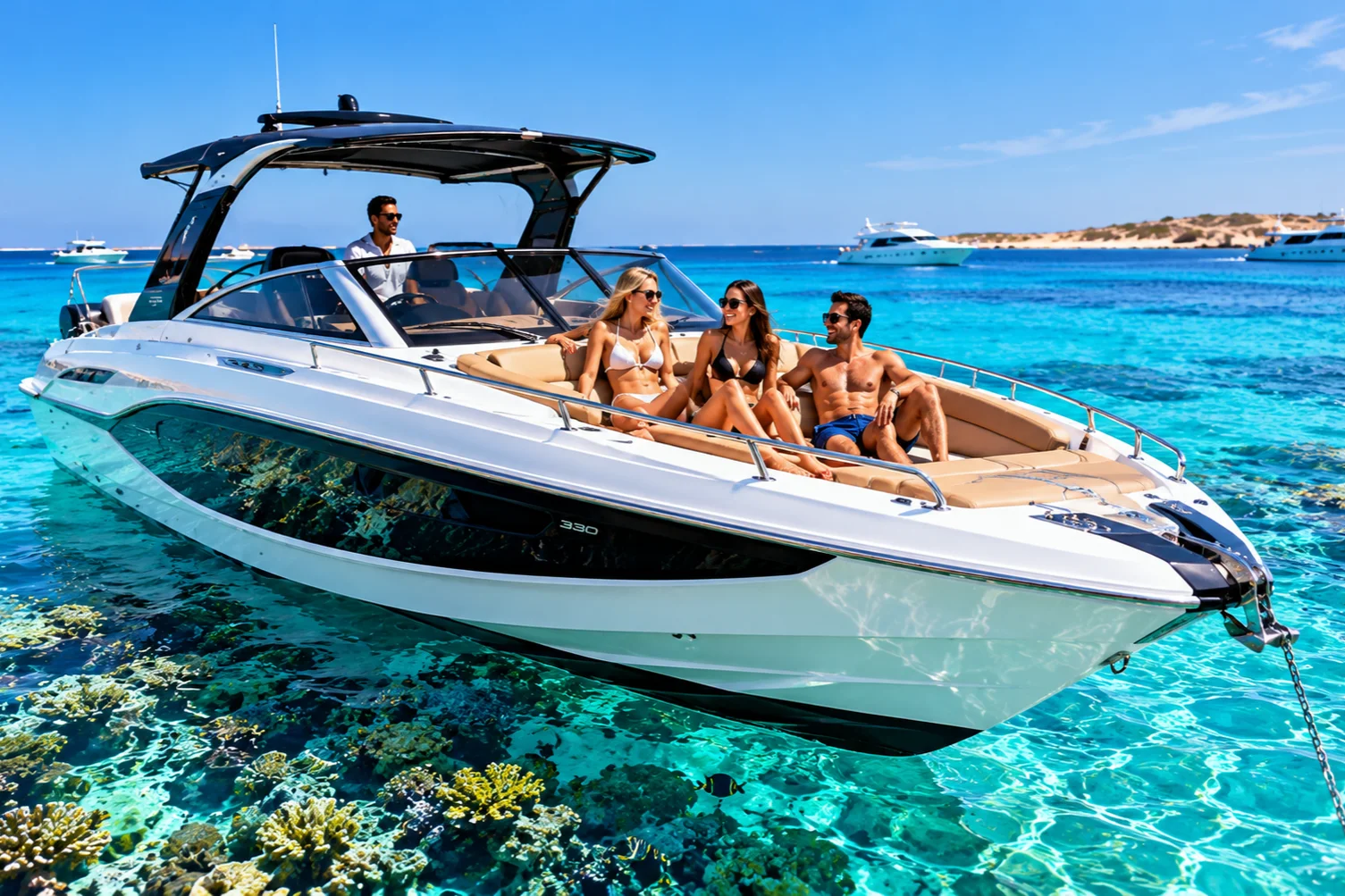 Korallenriff und Schnorchler zwischen Orange Bay und White Island