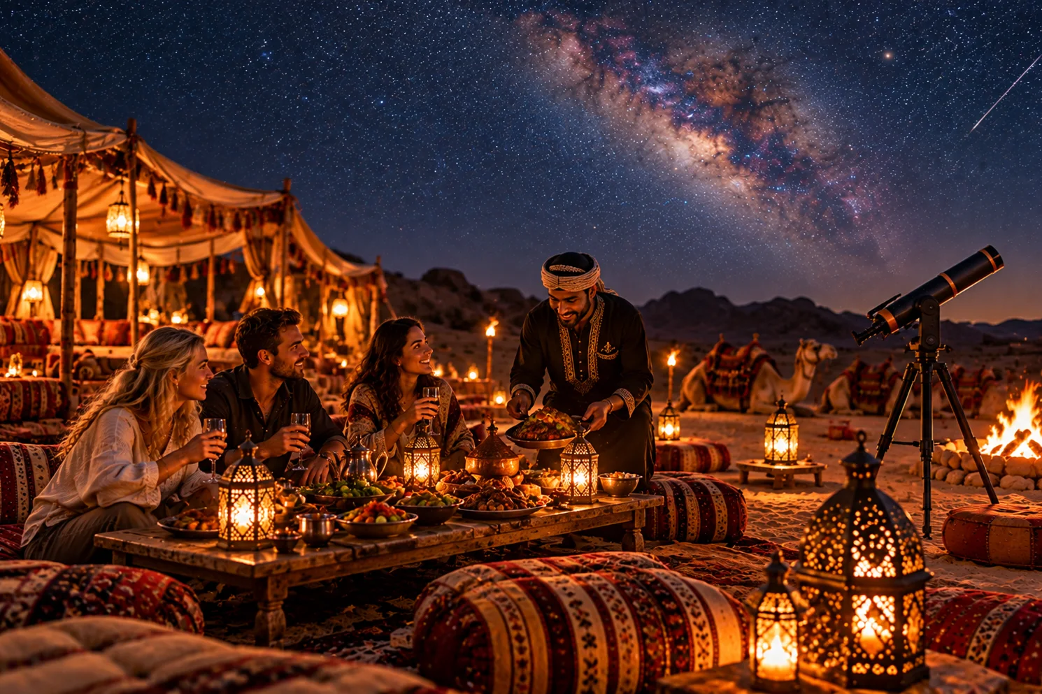 Beduinenzelt mit Lagerfeuer unter dem Sternenhimmel bei Makadi Bay