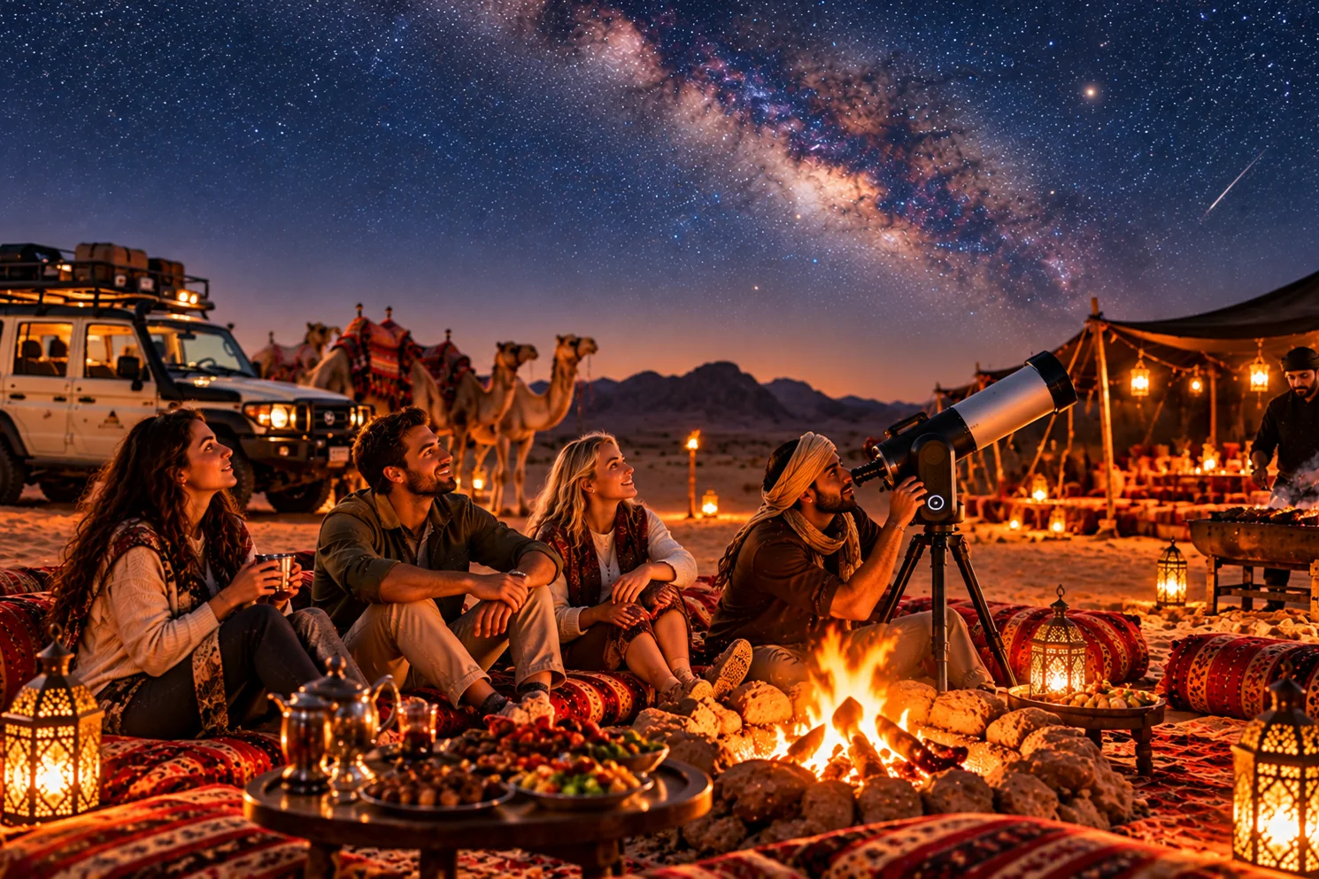 Jeep fährt durch die Berge der Wüste bei Hurghada in der Abenddämmerung